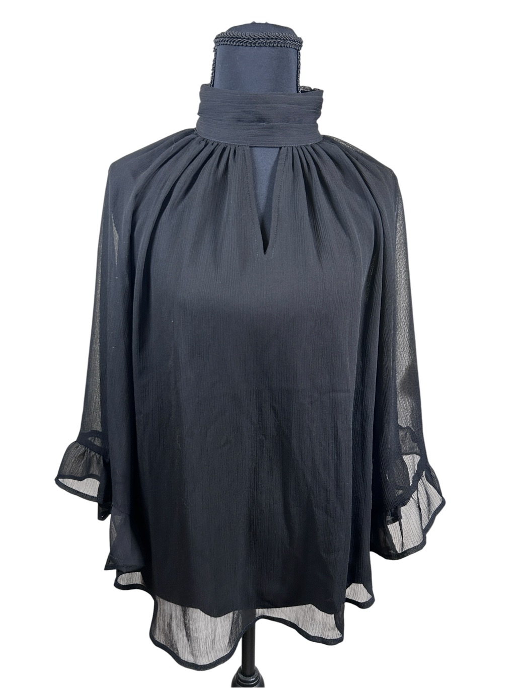 Anne Klein Pleated Sheer Keyhole Blouse Black Size S